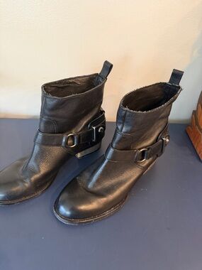 Black Moto Style Leather Ankle Boots with Harness Detail by Coach